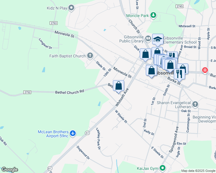 map of restaurants, bars, coffee shops, grocery stores, and more near 425 Homestead Street in Gibsonville