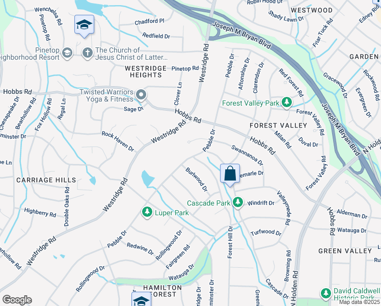 map of restaurants, bars, coffee shops, grocery stores, and more near 1507 Pebble Drive in Greensboro