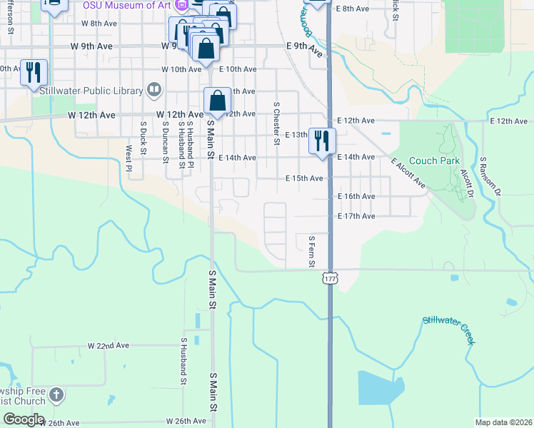 map of restaurants, bars, coffee shops, grocery stores, and more near 410 East 17th Avenue in Stillwater