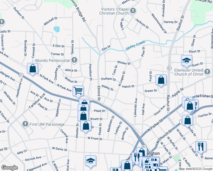 map of restaurants, bars, coffee shops, grocery stores, and more near 707 Staley Street in Burlington