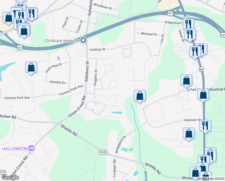 map of restaurants, bars, coffee shops, grocery stores, and more near 406 Peace Rollins Court in Kernersville