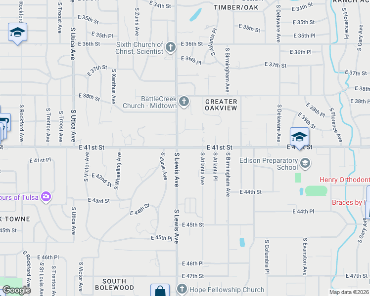 map of restaurants, bars, coffee shops, grocery stores, and more near 4115 South Lewis Avenue in Tulsa