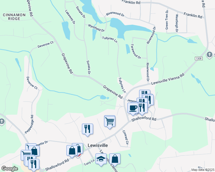 map of restaurants, bars, coffee shops, grocery stores, and more near 7542 Grapevine Road in Lewisville