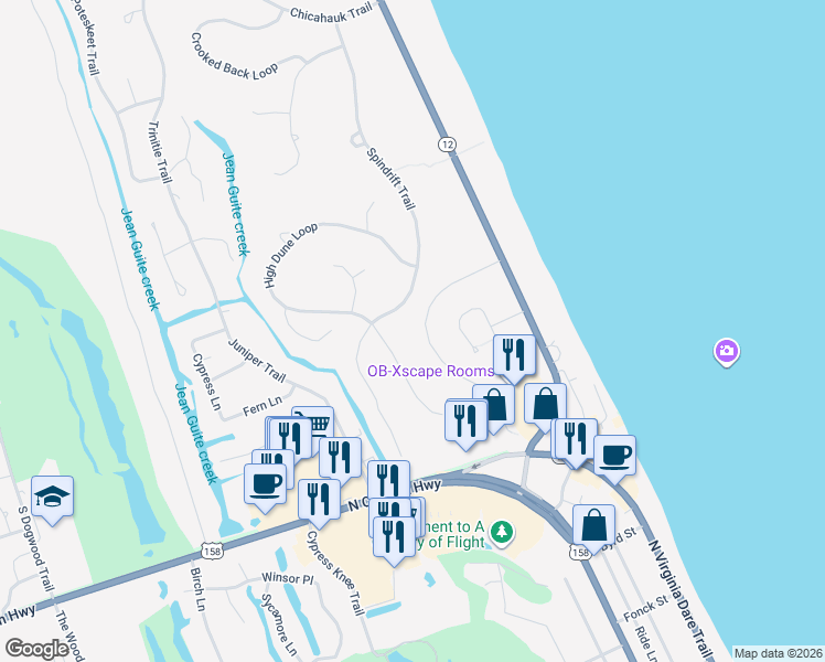 map of restaurants, bars, coffee shops, grocery stores, and more near 55 Skyline Road in Kitty Hawk