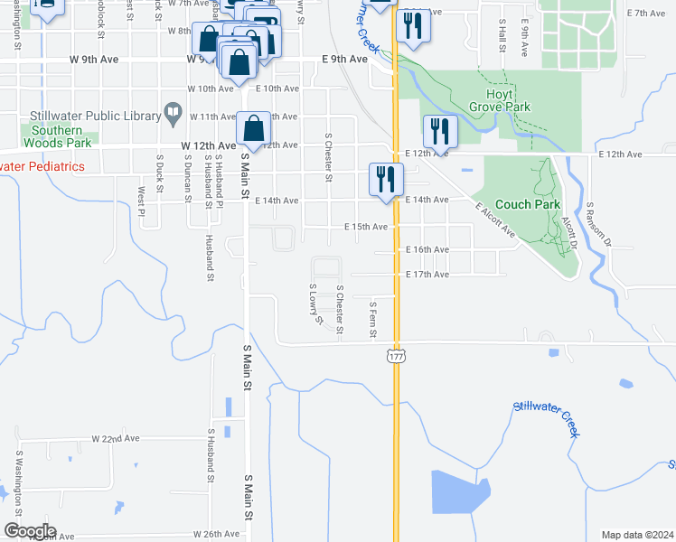 map of restaurants, bars, coffee shops, grocery stores, and more near 318 East 17th Avenue in Stillwater