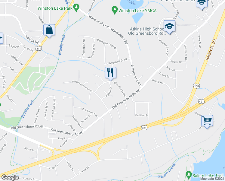 map of restaurants, bars, coffee shops, grocery stores, and more near 3055 Apollo Drive in Winston-Salem