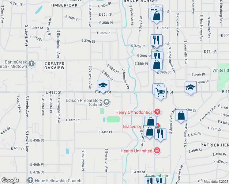 map of restaurants, bars, coffee shops, grocery stores, and more near 2906 East 41st Street in Tulsa