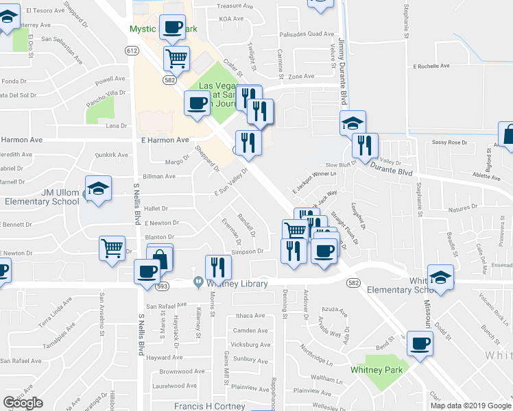 map of restaurants, bars, coffee shops, grocery stores, and more near 5390 Boulder Highway in Las Vegas