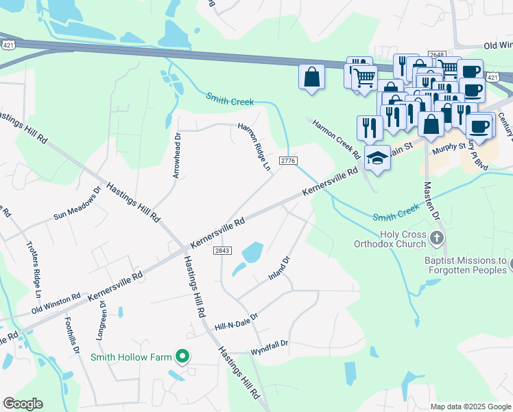 map of restaurants, bars, coffee shops, grocery stores, and more near 4751 Kernersville Road in Kernersville