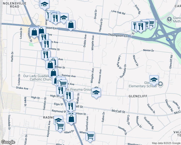 map of restaurants, bars, coffee shops, grocery stores, and more near 3015B Wingate Avenue in Nashville