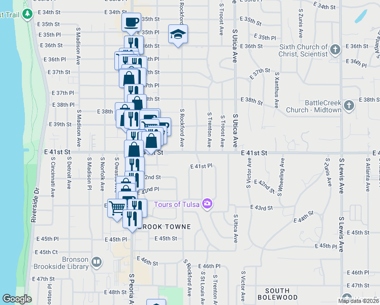 map of restaurants, bars, coffee shops, grocery stores, and more near 3933 South Rockford Avenue in Tulsa