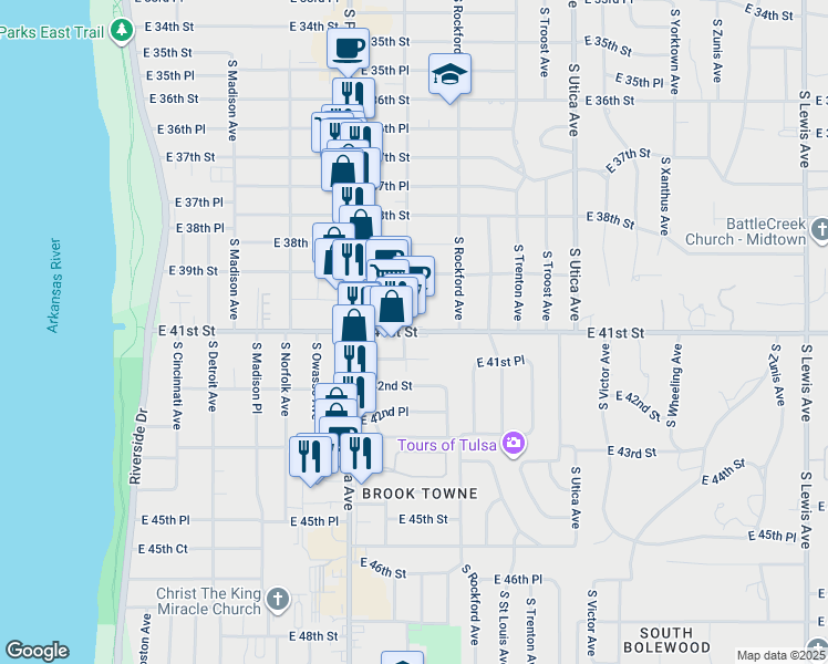 map of restaurants, bars, coffee shops, grocery stores, and more near 1411 East 41st Street in Tulsa