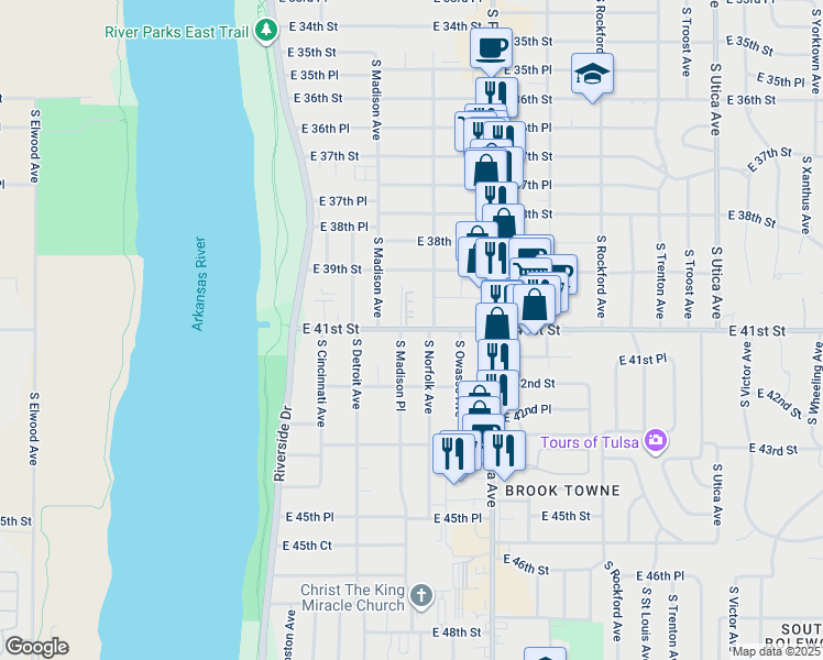 map of restaurants, bars, coffee shops, grocery stores, and more near 1027 East 41st Street in Tulsa