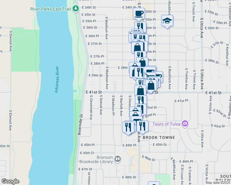 map of restaurants, bars, coffee shops, grocery stores, and more near 1027 East 41st Street in Tulsa