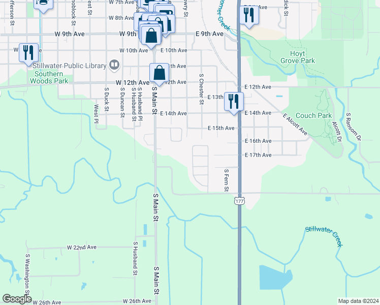 map of restaurants, bars, coffee shops, grocery stores, and more near 1515 South Lowry Street in Stillwater