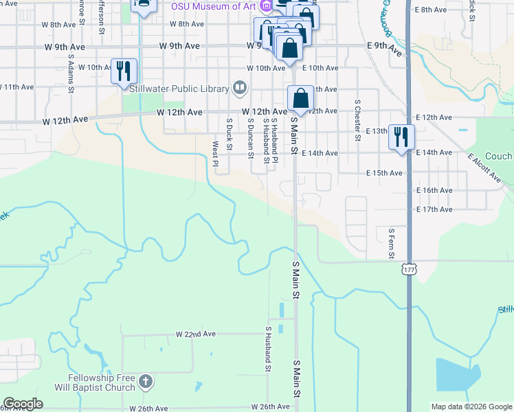 map of restaurants, bars, coffee shops, grocery stores, and more near in Stillwater