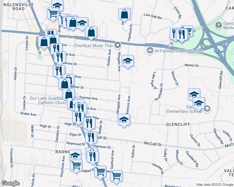 map of restaurants, bars, coffee shops, grocery stores, and more near 3015B Wingate Avenue in Nashville