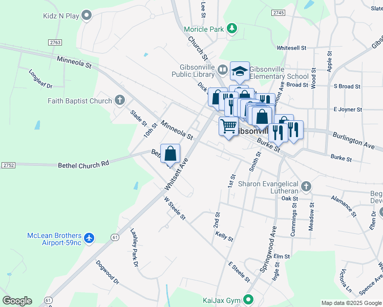 map of restaurants, bars, coffee shops, grocery stores, and more near 413 Whitsett Avenue in Gibsonville