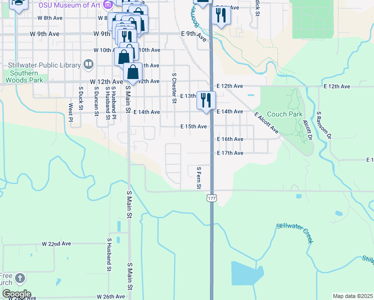 map of restaurants, bars, coffee shops, grocery stores, and more near 410 East 17th Avenue in Stillwater