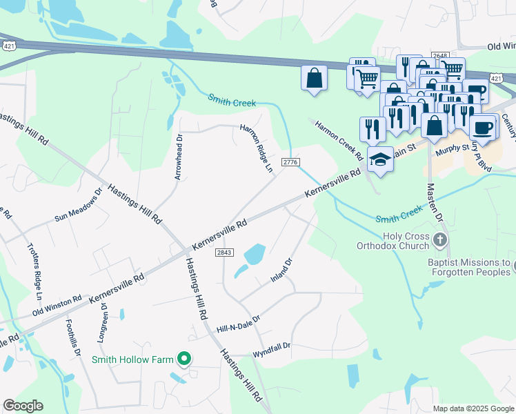 map of restaurants, bars, coffee shops, grocery stores, and more near 4751 Kernersville Road in Kernersville