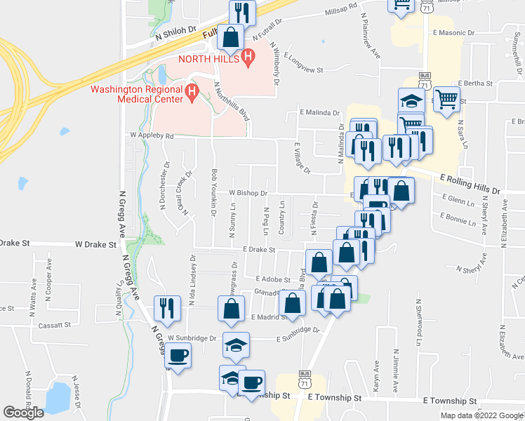 map of restaurants, bars, coffee shops, grocery stores, and more near 2883 North Peg Lane in Fayetteville
