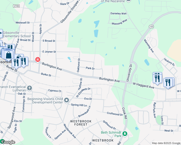 map of restaurants, bars, coffee shops, grocery stores, and more near 821 Park Drive in Gibsonville