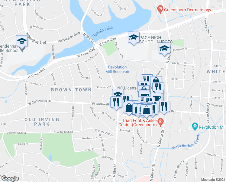 map of restaurants, bars, coffee shops, grocery stores, and more near 2211 North Elm Street in Greensboro