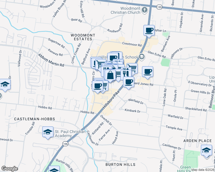map of restaurants, bars, coffee shops, grocery stores, and more near 2130 Bandywood Drive in Nashville
