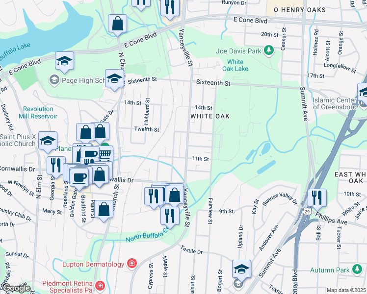 map of restaurants, bars, coffee shops, grocery stores, and more near 2307 Yanceyville Street in Greensboro
