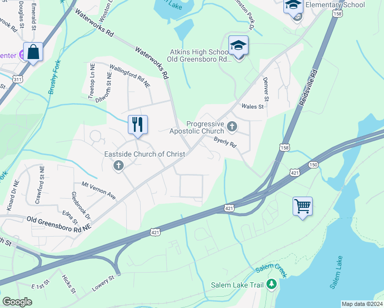 map of restaurants, bars, coffee shops, grocery stores, and more near 3336 Old Greensboro Road in Winston-Salem