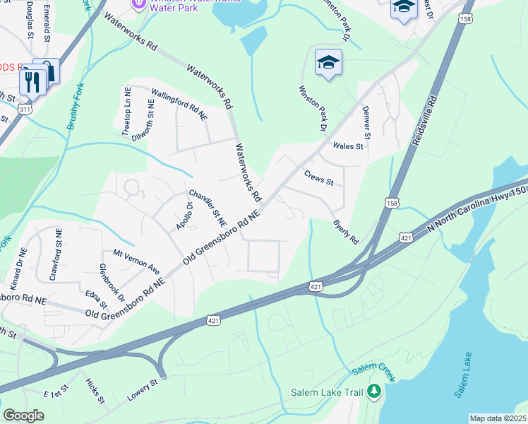map of restaurants, bars, coffee shops, grocery stores, and more near 3336 Old Greensboro Road in Winston-Salem