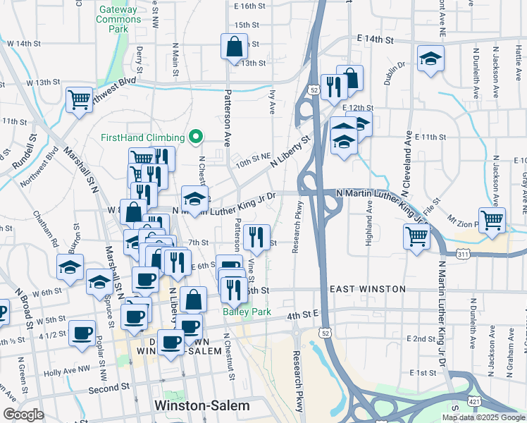 map of restaurants, bars, coffee shops, grocery stores, and more near 1200 North Martin Luther King Junior Drive in Winston-Salem