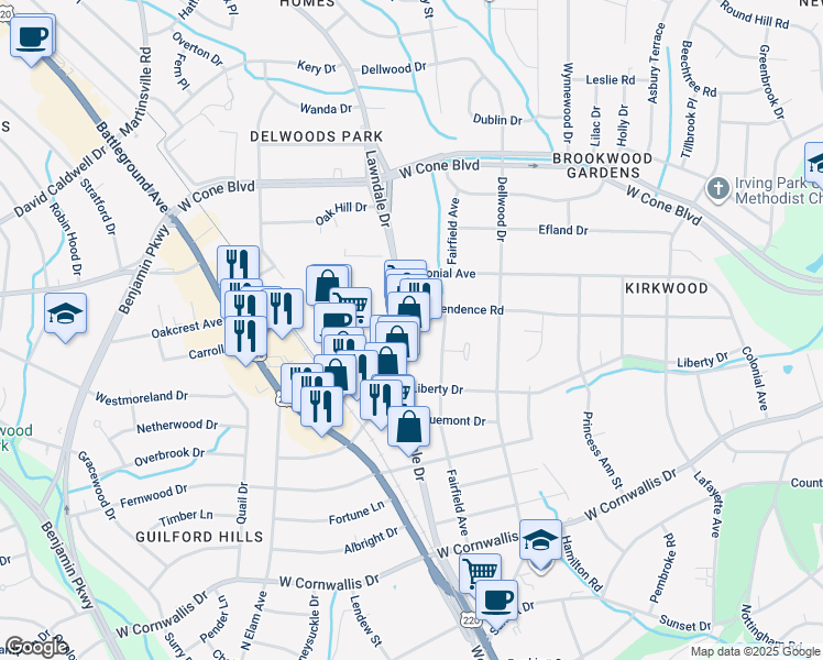 map of restaurants, bars, coffee shops, grocery stores, and more near 2007 Independence Road in Greensboro