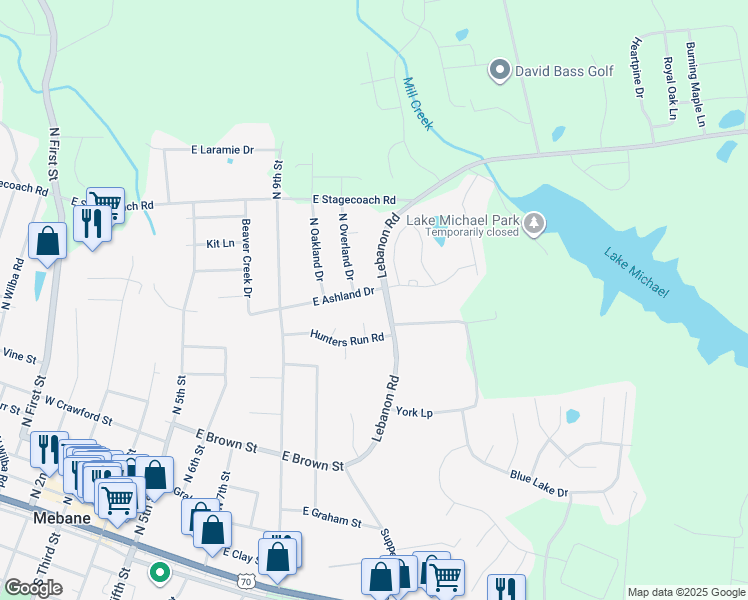 map of restaurants, bars, coffee shops, grocery stores, and more near 802 East Ashland Drive in Mebane