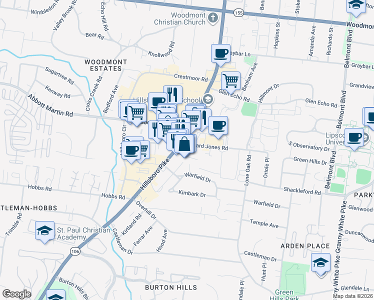 map of restaurants, bars, coffee shops, grocery stores, and more near 4000 Hillsboro Pike in Nashville