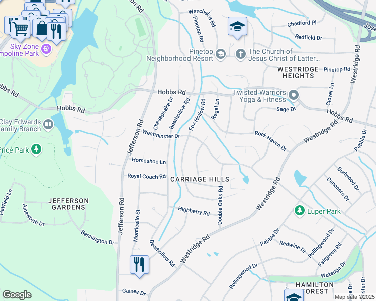 map of restaurants, bars, coffee shops, grocery stores, and more near 1614 Fox Hollow Road in Greensboro