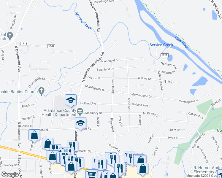 map of restaurants, bars, coffee shops, grocery stores, and more near 704 Bland Boulevard in Burlington