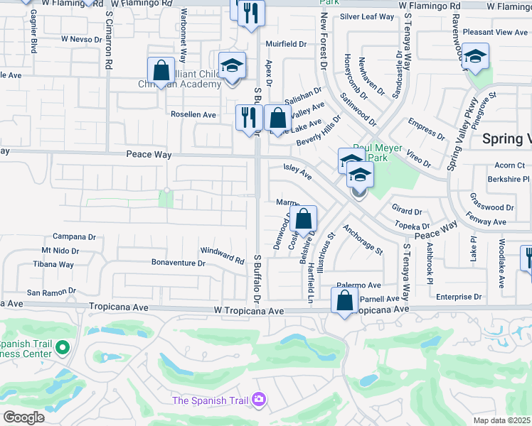 map of restaurants, bars, coffee shops, grocery stores, and more near 7600 Peace Way in Las Vegas