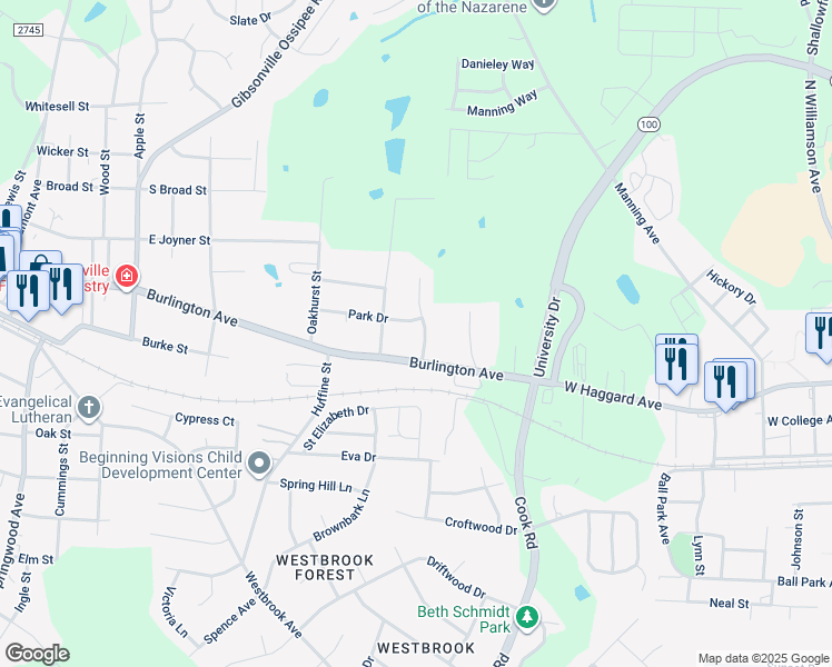 map of restaurants, bars, coffee shops, grocery stores, and more near 105 Sullivan Court in Gibsonville
