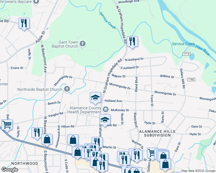 map of restaurants, bars, coffee shops, grocery stores, and more near 1903 Morningside Drive in Burlington