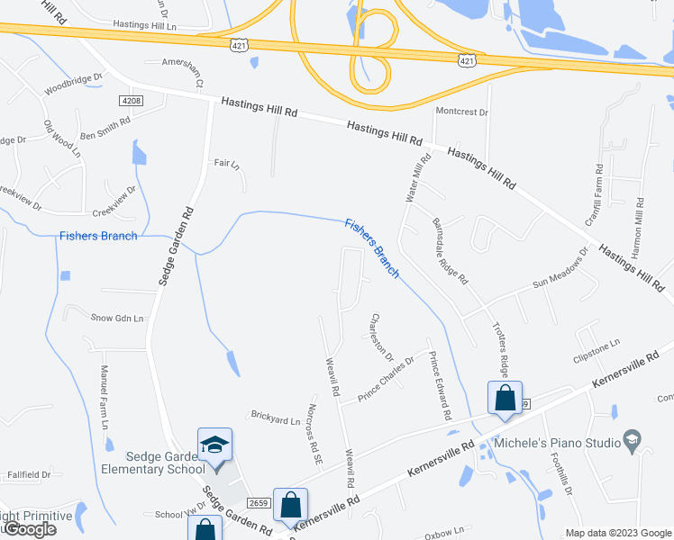 map of restaurants, bars, coffee shops, grocery stores, and more near 828 Peachtree Meadows Circle in Kernersville