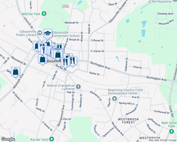 map of restaurants, bars, coffee shops, grocery stores, and more near 503 Burke Street in Gibsonville