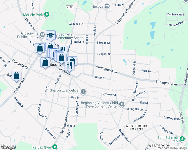 map of restaurants, bars, coffee shops, grocery stores, and more near 503 Burke Street in Gibsonville