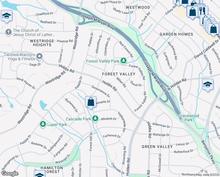 map of restaurants, bars, coffee shops, grocery stores, and more near 1718 Hobbs Road in Greensboro