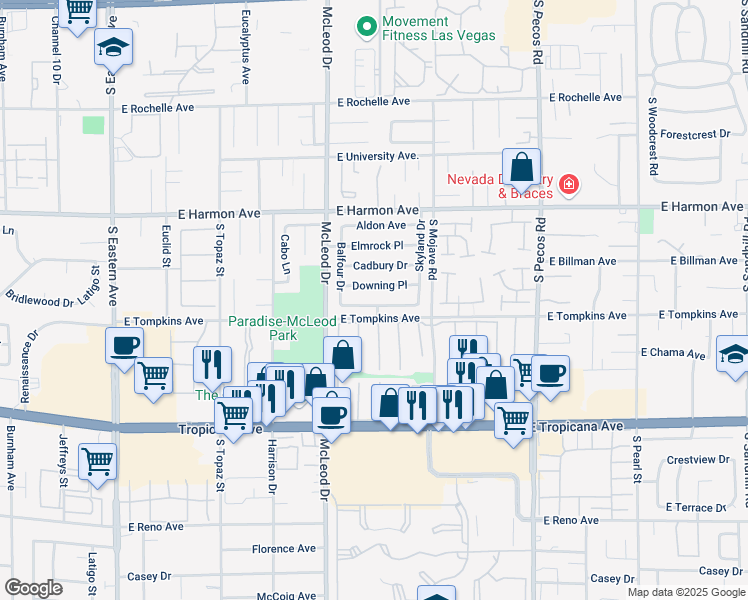 map of restaurants, bars, coffee shops, grocery stores, and more near 3058 Downing Place in Las Vegas