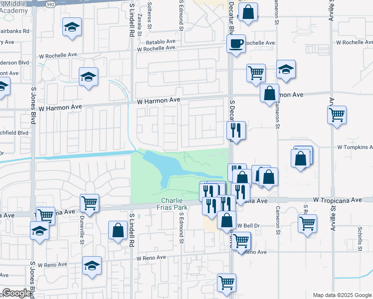 map of restaurants, bars, coffee shops, grocery stores, and more near 5175 Ridge Drive in Las Vegas