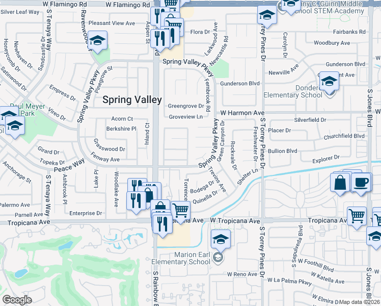 map of restaurants, bars, coffee shops, grocery stores, and more near 6771 Mangrum Circle in Las Vegas