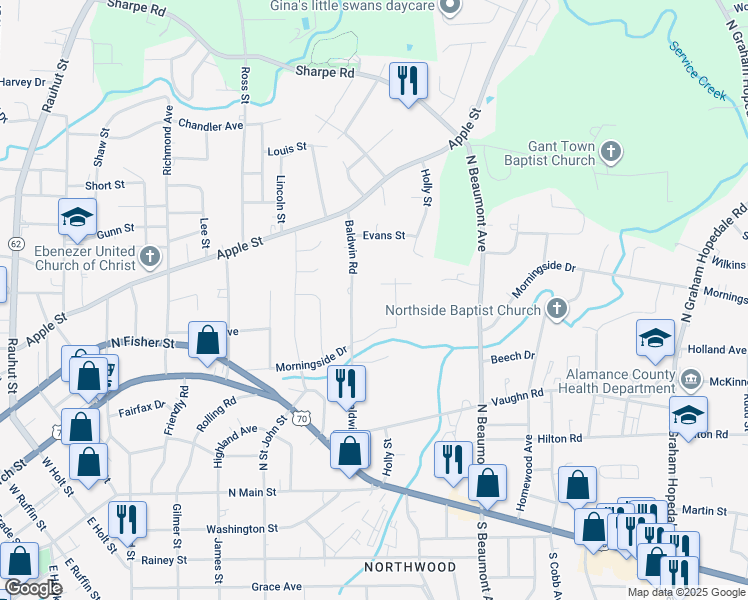 map of restaurants, bars, coffee shops, grocery stores, and more near 533 Baldwin Road in Burlington