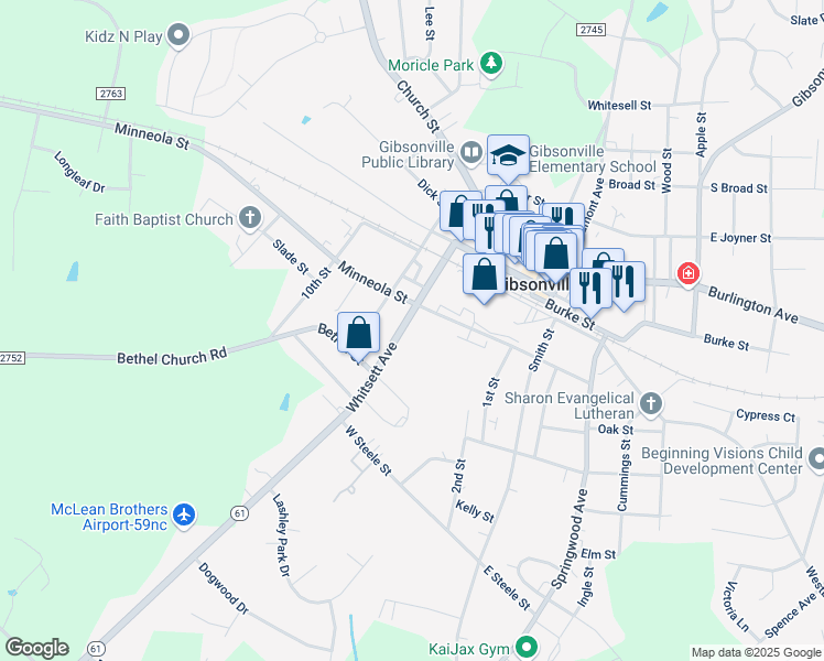 map of restaurants, bars, coffee shops, grocery stores, and more near in Gibsonville
