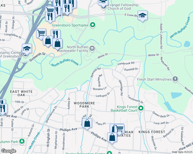 map of restaurants, bars, coffee shops, grocery stores, and more near 2221 Briarlea Road in Greensboro